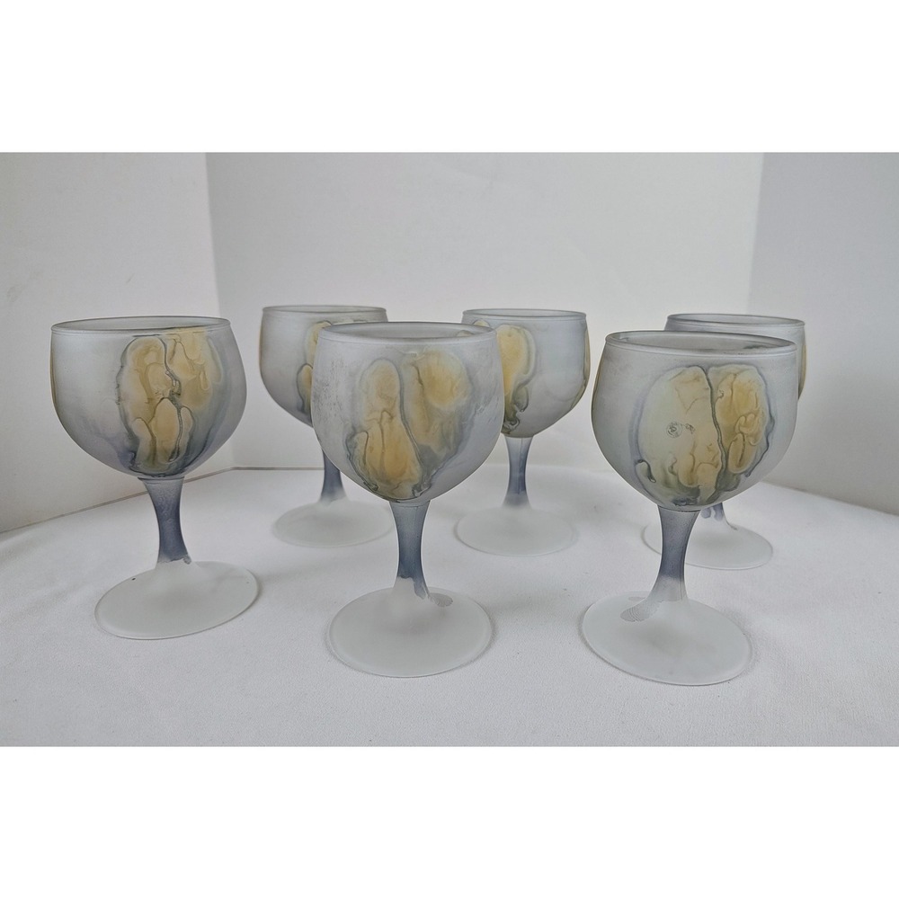 Rueven Vintage Art Nouveau Hand-Painted Wine Glasses ✨Set of 6 Blue Gray w/ Tan